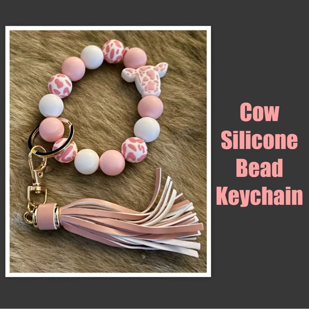 Silicone Beaded Keychain Bracelet, Cow Print Fashion Beaded Keyring